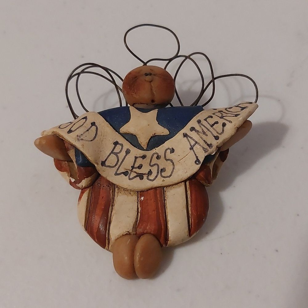 God Bless America Patriotic Angel Brooch Ornament Vintage Handmade with Love